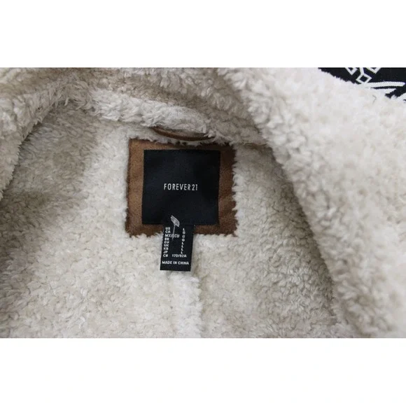 Forever 21 Faux Suede Shearling Aviator Jacket Women Size L EUC Brown Moto Biker - Picture 5 of 6